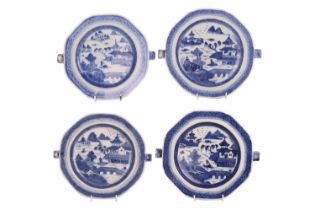 A set of four Chinese blue and white octagonal export porcelain hot water dishes, Jiaquing 1796-