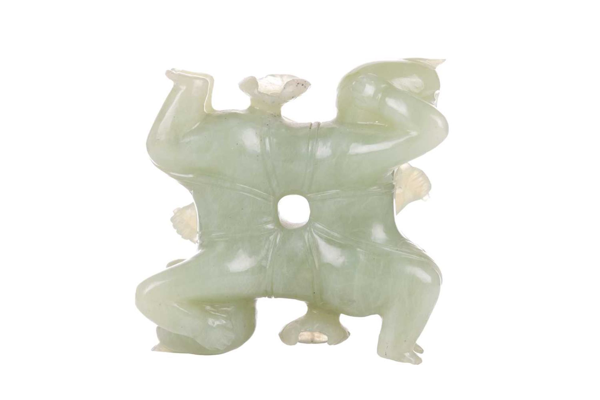 A large Chinese green jade carving of two laughing Buddhai, each figure supported on the back of his - Image 4 of 6