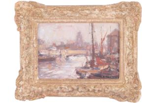 Ken Moroney (1949 - 2018), Moorings on the Thames, signed, oil on panel, 11 x 16 cm, framed 19.5 x