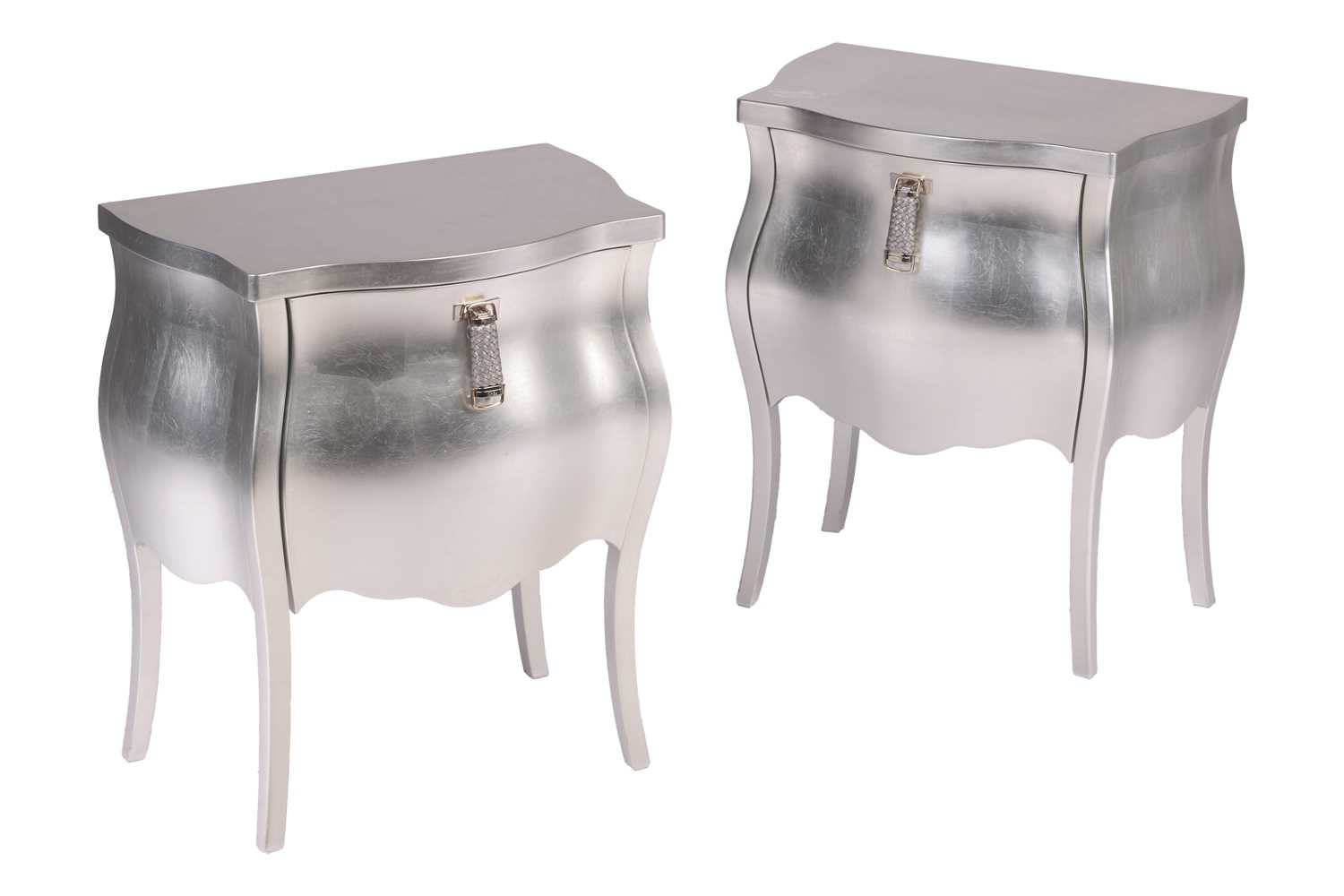 Fendi, a pair of Louis XV style foiled double bombe bedside commodes with hanging plaited leather