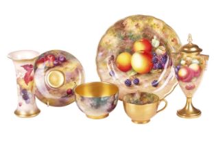 A collection of Royal Worcester fruit-painted porcelain, comprising a scalloped-edge plate,