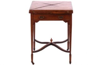 A Druce & Co of London marquetry inlaid rosewood, envelope table with single, 55 cm x 55 cm x 75