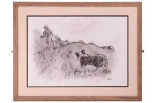 Manner of Sir Kyffin Williams (1918 - 2006), Shepherd followed by his dog, bears initials KW,