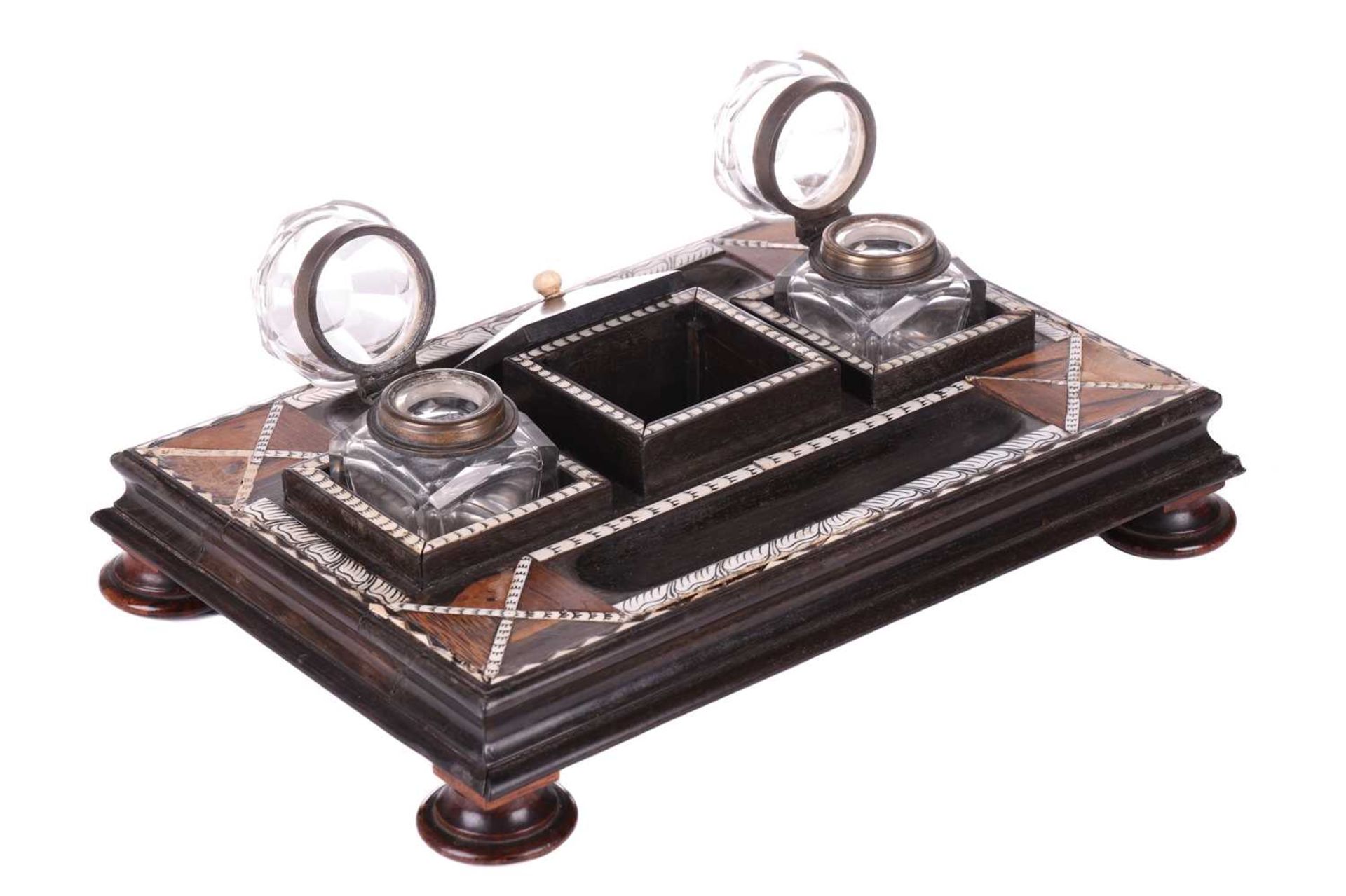 A Ceylonese ebony desk stand with calamander, coconut palm, and rosewood parquetry within pen-worked - Image 6 of 17