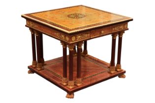 A 20th century Louis XVI style square topped side table, with boss and anthemion inlaid top, and a