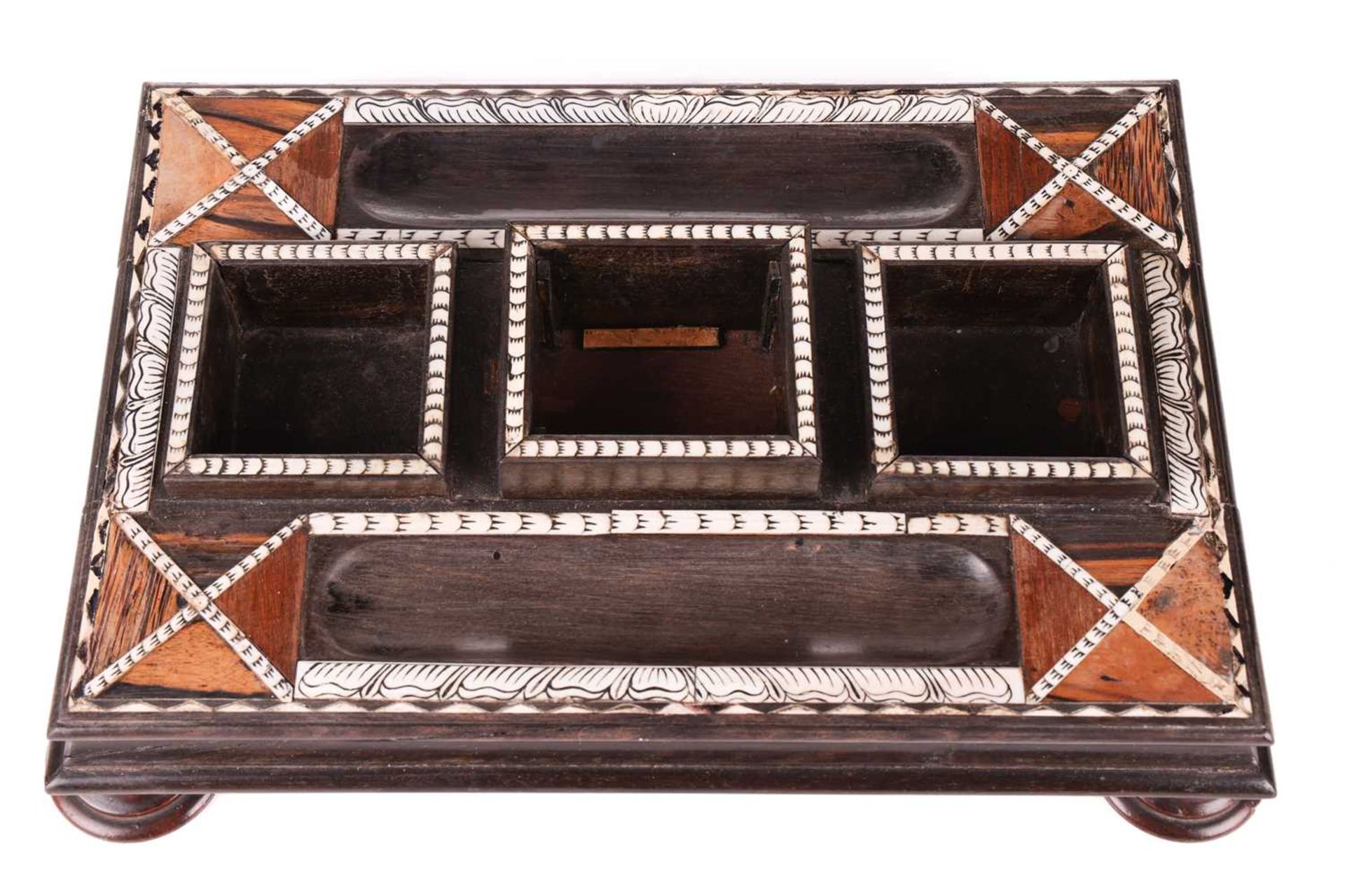 A Ceylonese ebony desk stand with calamander, coconut palm, and rosewood parquetry within pen-worked - Image 5 of 17