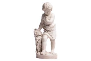 In the manner of J.B Moreau; a carved carrara marble figure of a yound man clutching a dove to his