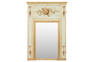A Louis XVI-style ivory-painted trumeau mirror with gilt marshall trophy decoration to the frieze,