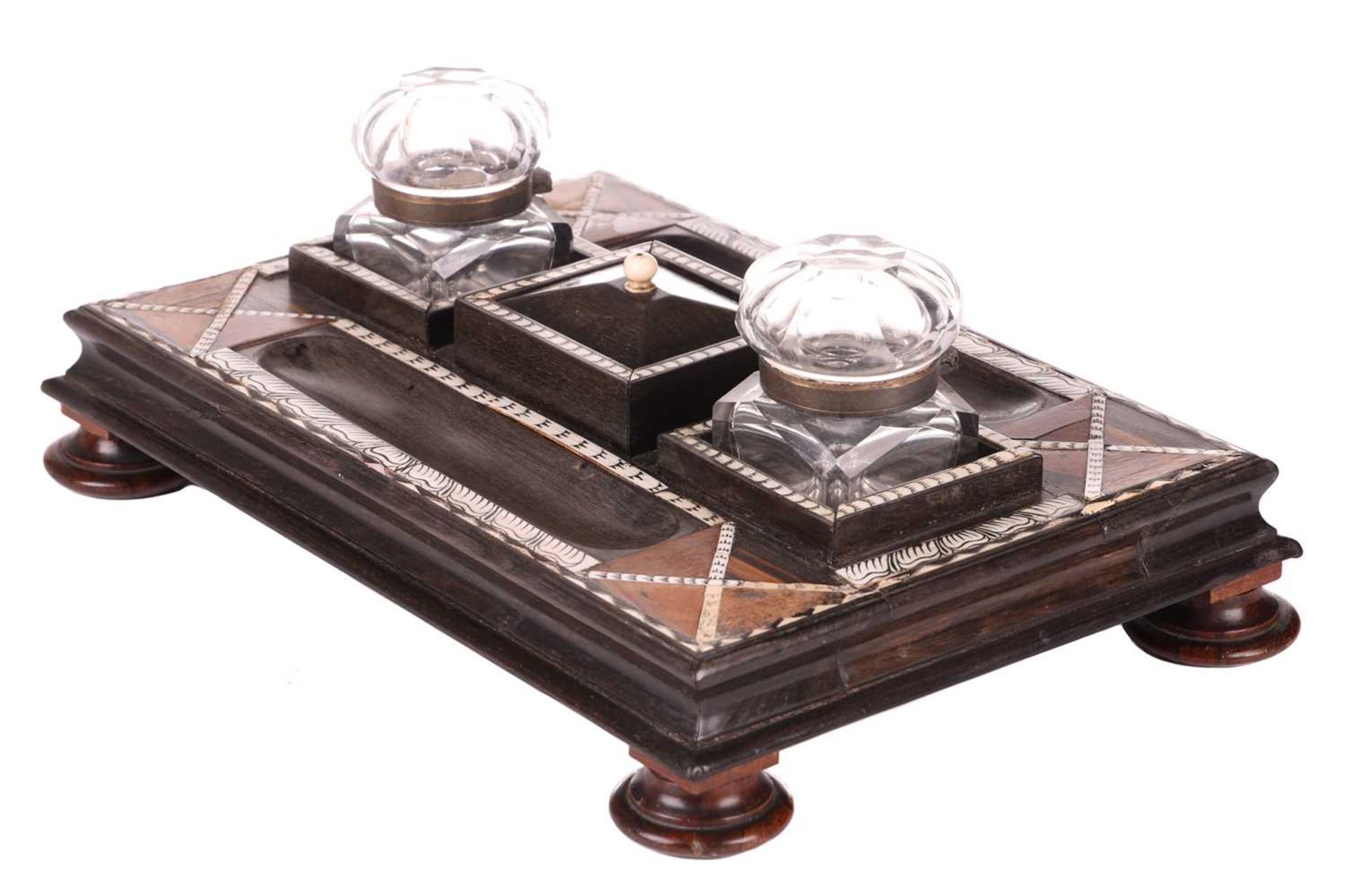 A Ceylonese ebony desk stand with calamander, coconut palm, and rosewood parquetry within pen-worked - Image 3 of 17