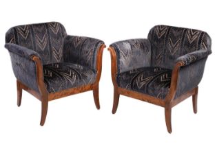 A pair of Biedermeier-style figured birch armchairs, 20th century, of lyre form with stuff over blue