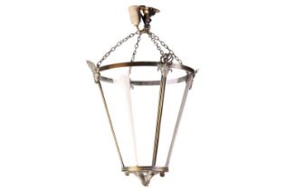 A George III style, Neo-Classical brass hanging portico lantern, early 20th century, of inverted