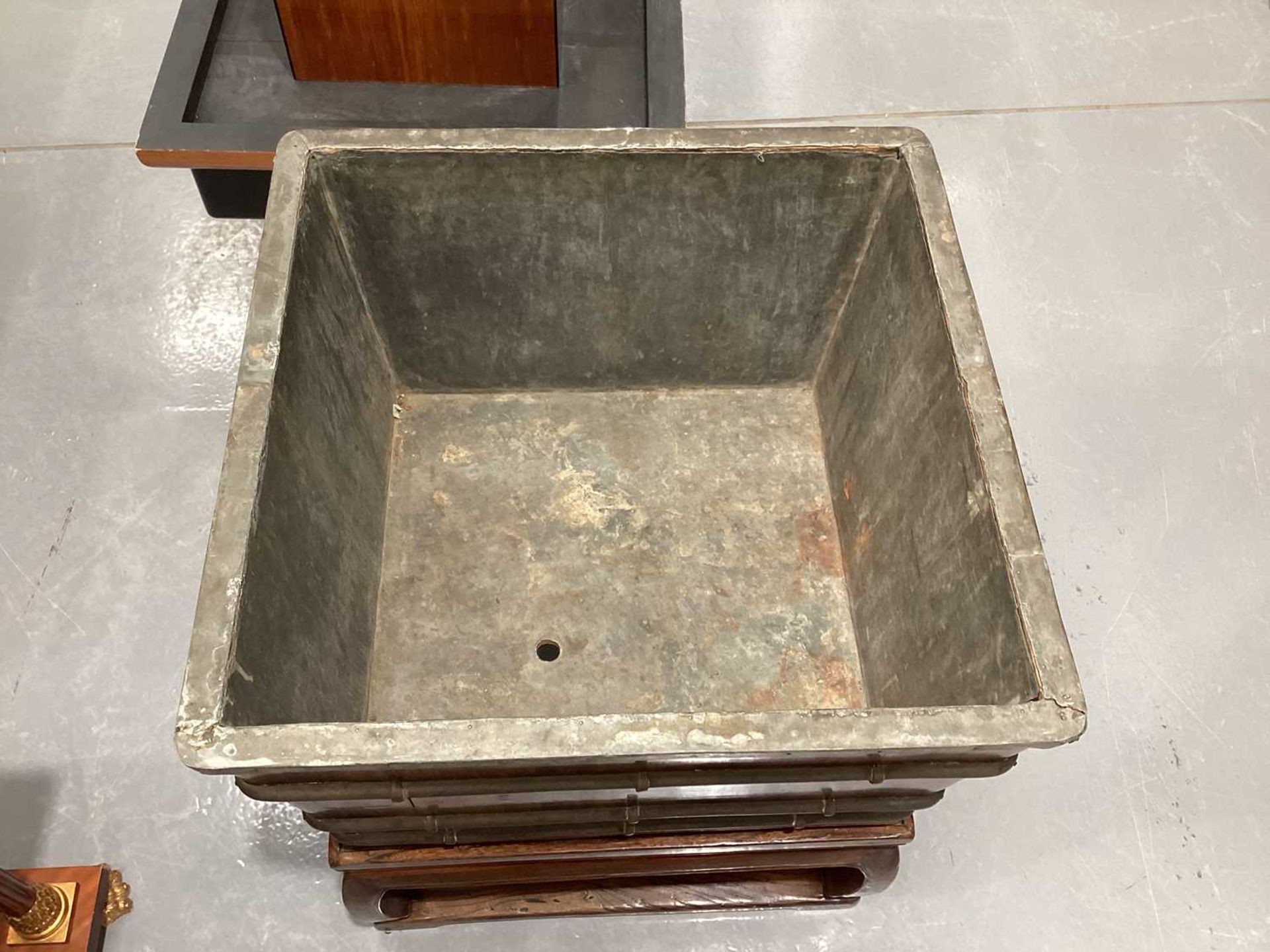 A Chinese square section wooden cooler/ ice chest and stand of brass banded flared form, C1900, - Image 15 of 15