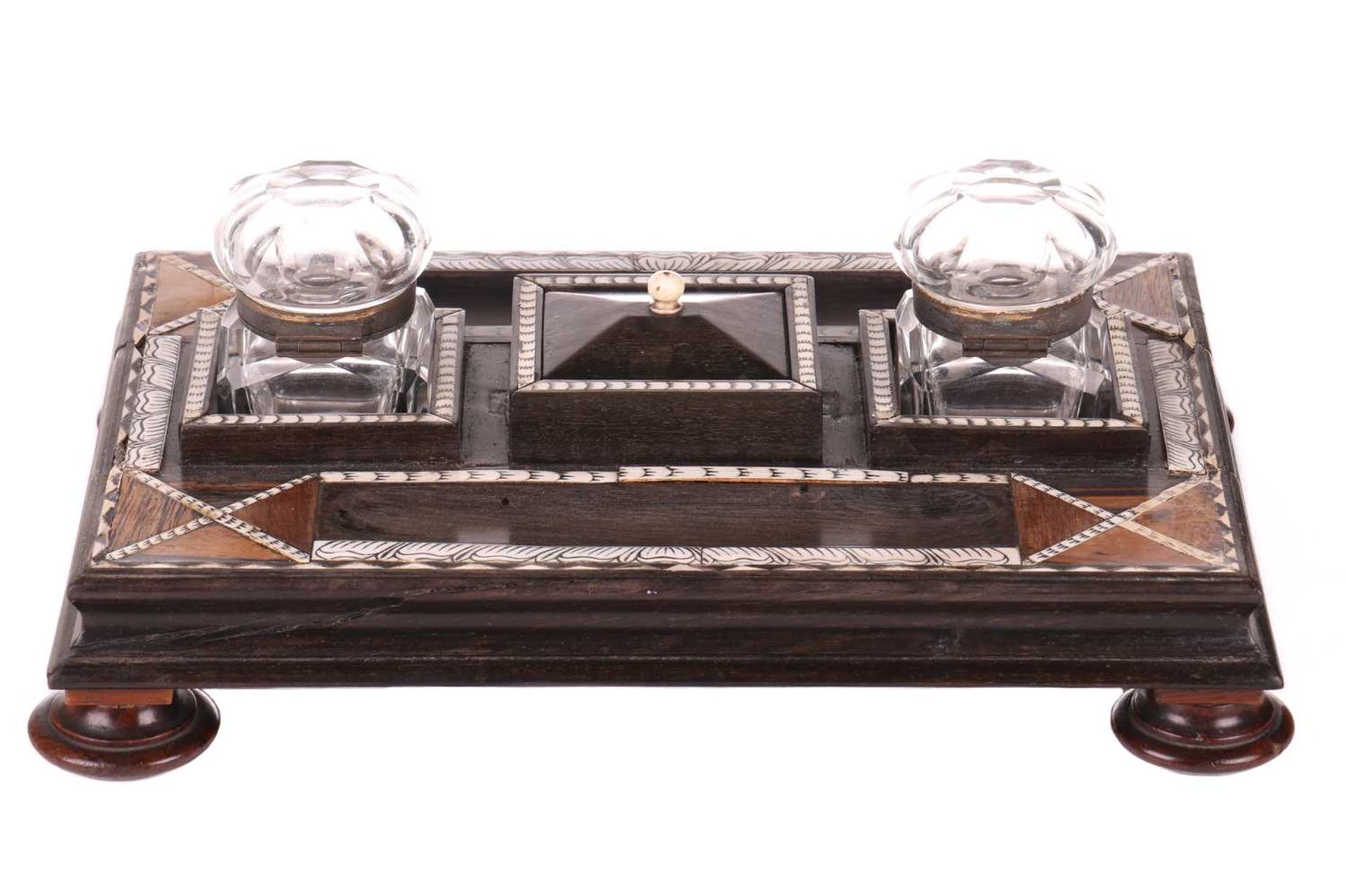 A Ceylonese ebony desk stand with calamander, coconut palm, and rosewood parquetry within pen-worked - Image 4 of 17