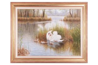 Ron Meilof (1953-2016) Dutch, A pair of swans with their cygnets, signed, oil on board, 59 x 79