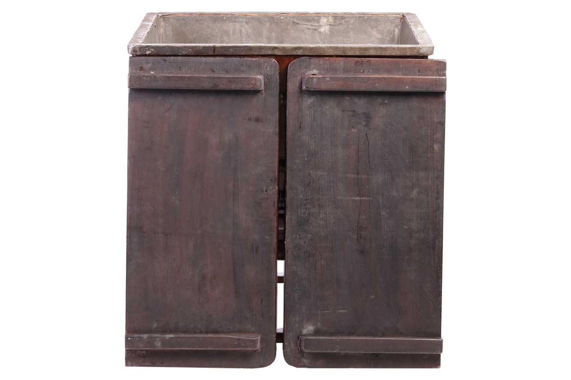 A Chinese square section wooden cooler/ ice chest and stand of brass banded flared form, C1900, - Image 3 of 15