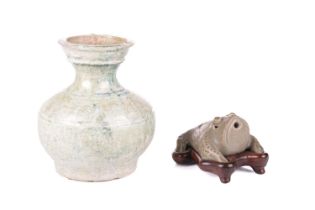 A Chinese Longquan celadon scholars water dropper in the form of a three-legged toad, Ming Dynasty