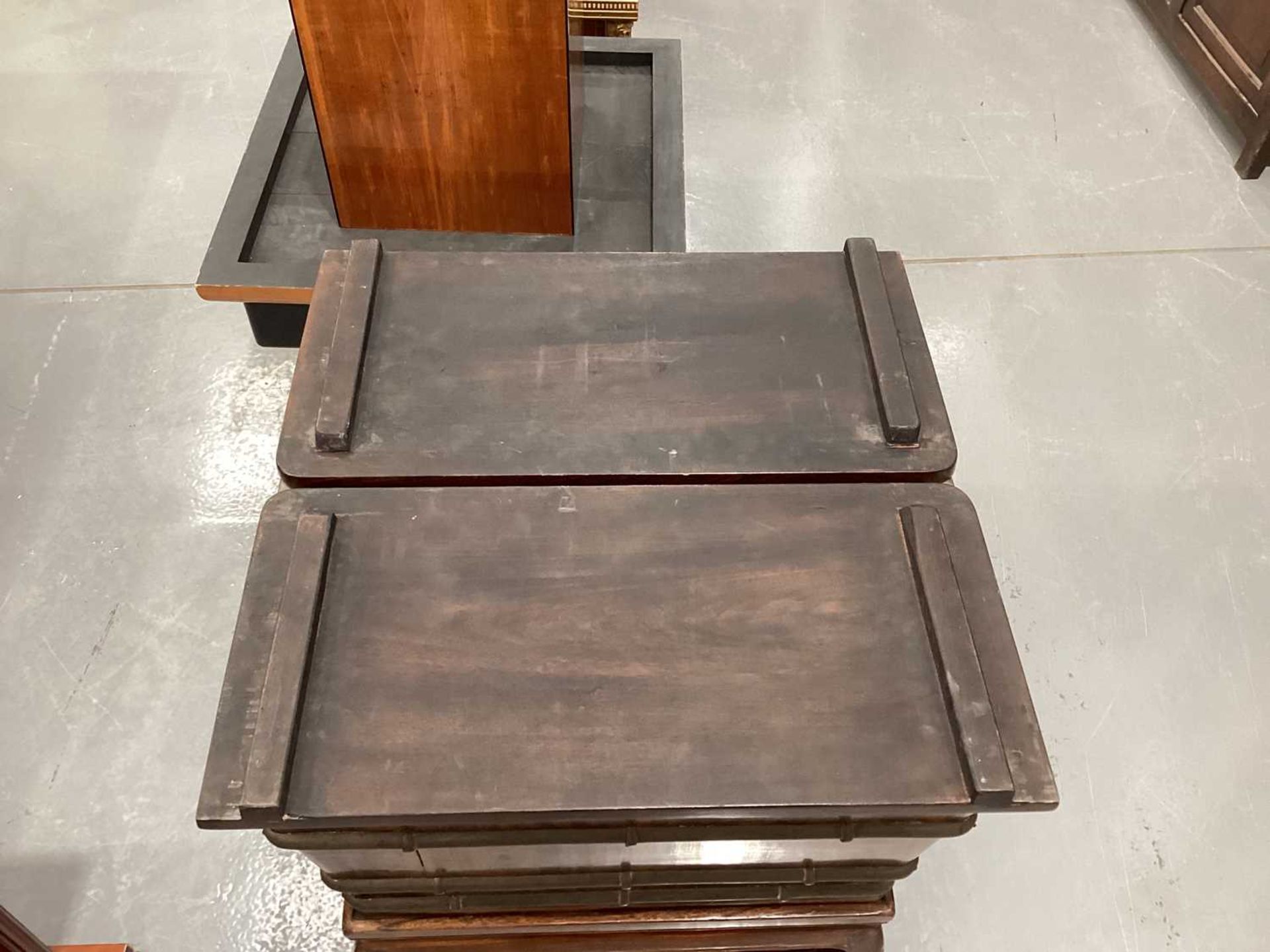 A Chinese square section wooden cooler/ ice chest and stand of brass banded flared form, C1900, - Image 14 of 15