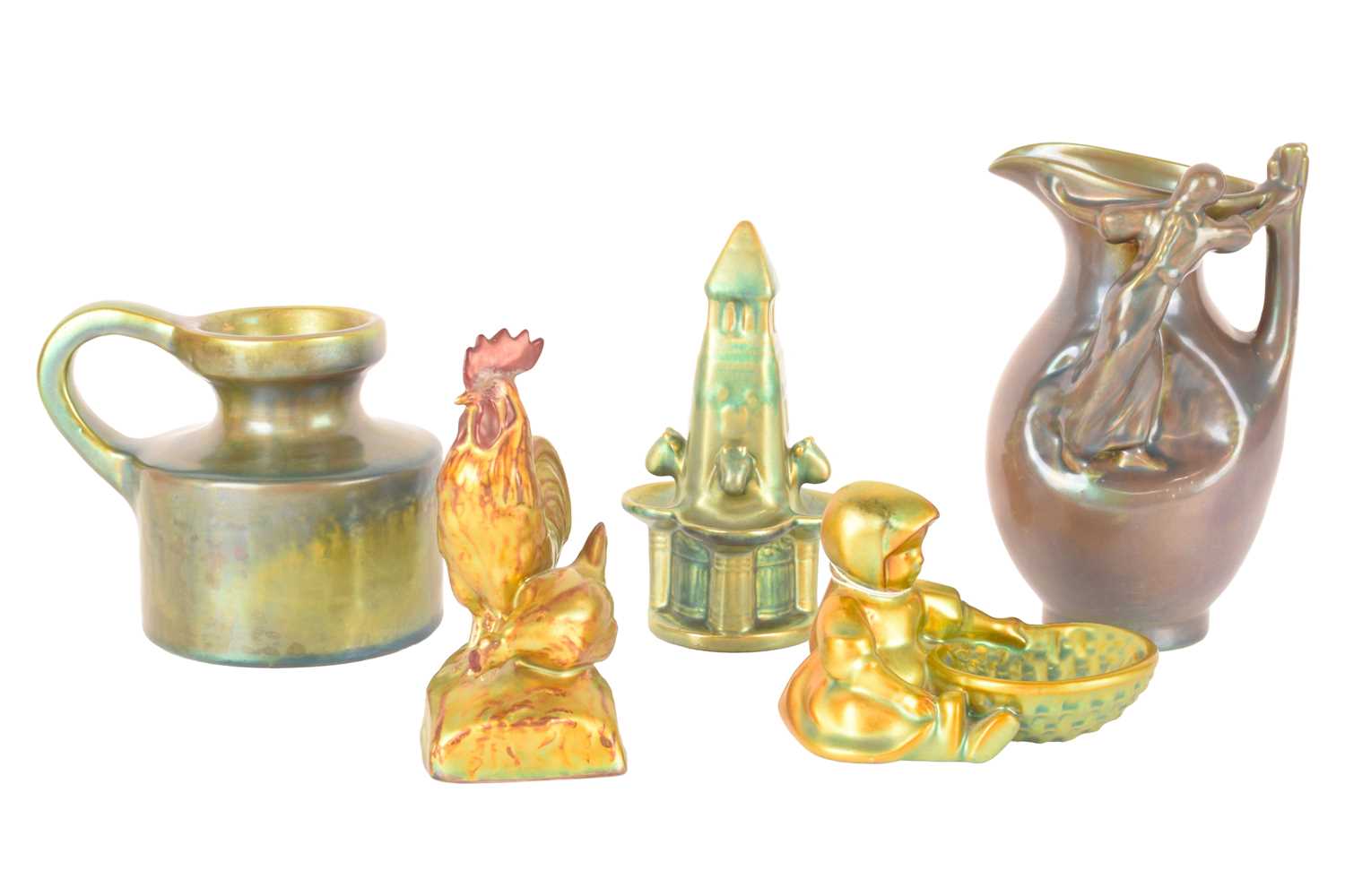 A collection of five small Zsolnay ceramic lustre items, consisting of a figural jug, 17cm high, a