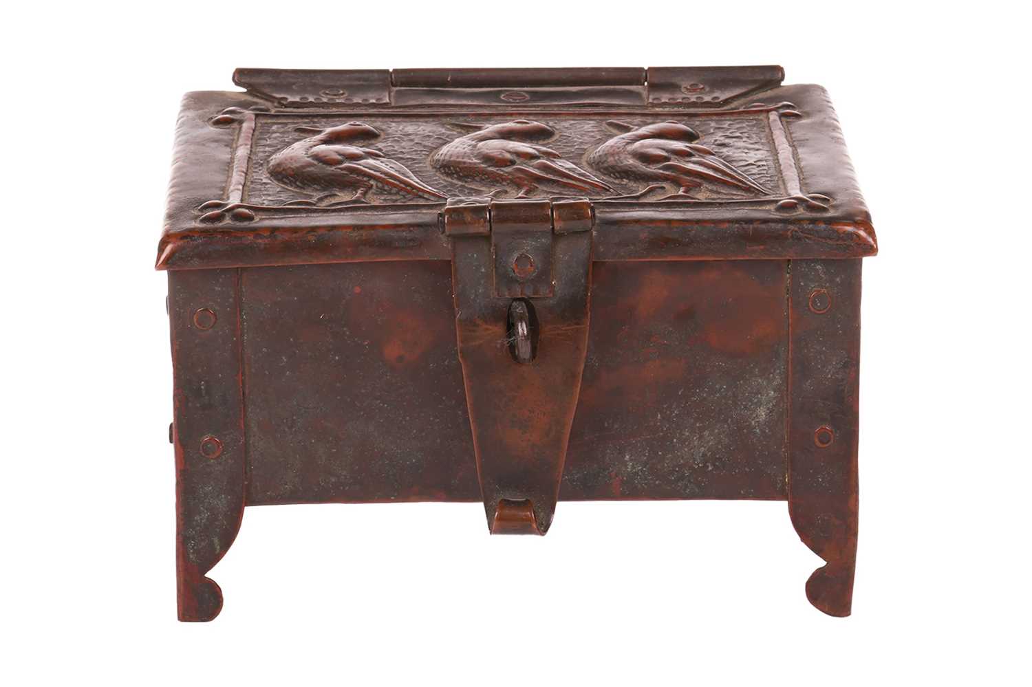 An Arts and Crafts Newlyn copper table box by John Pearson, of rectangular form on four feet, with - Image 6 of 16