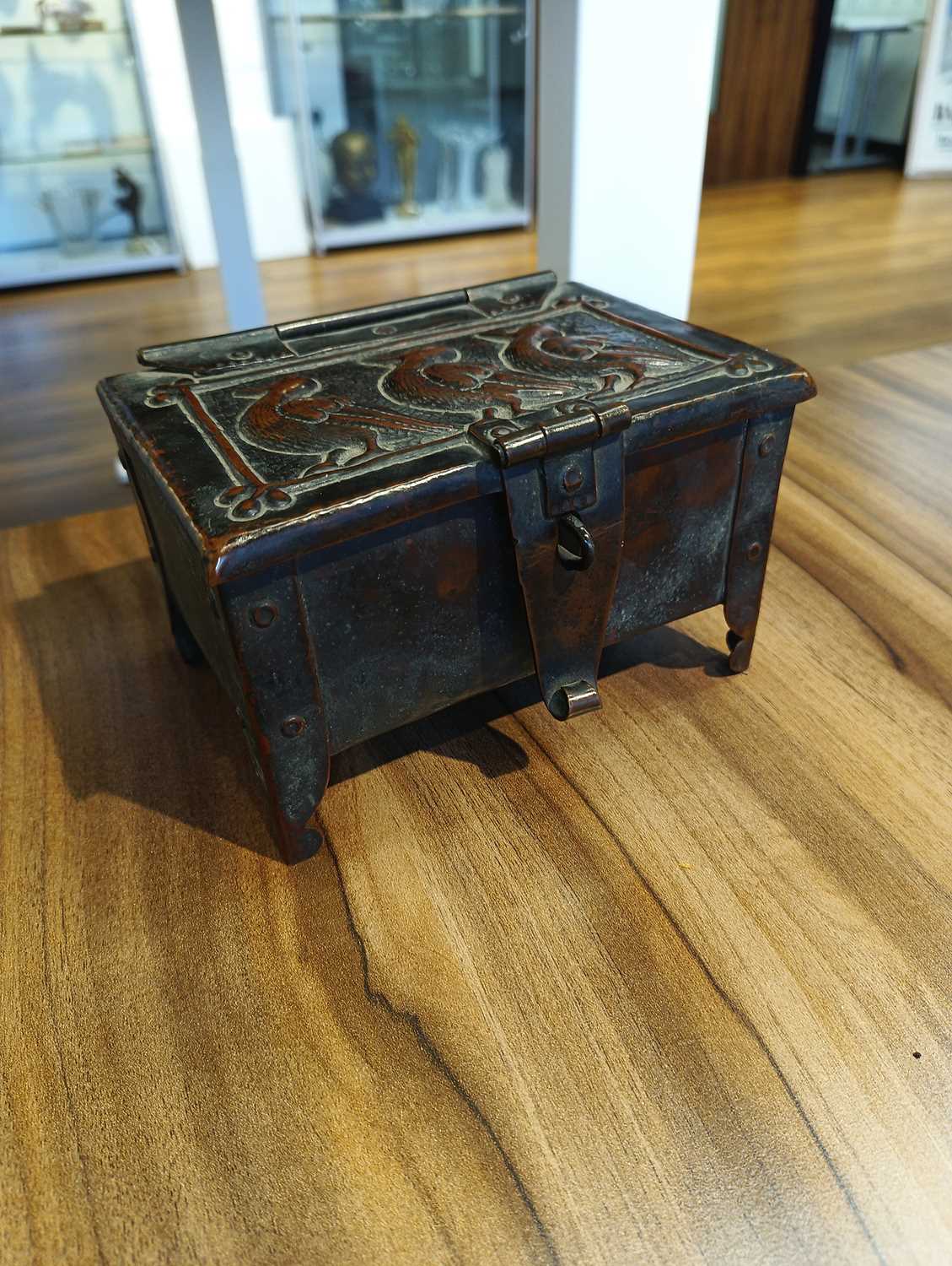 An Arts and Crafts Newlyn copper table box by John Pearson, of rectangular form on four feet, with - Image 11 of 16