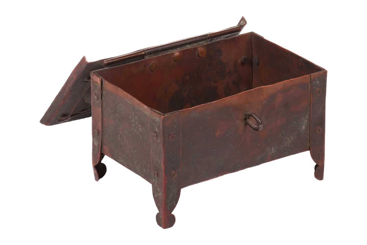 An Arts and Crafts Newlyn copper table box by John Pearson, of rectangular form on four feet, with - Image 2 of 16