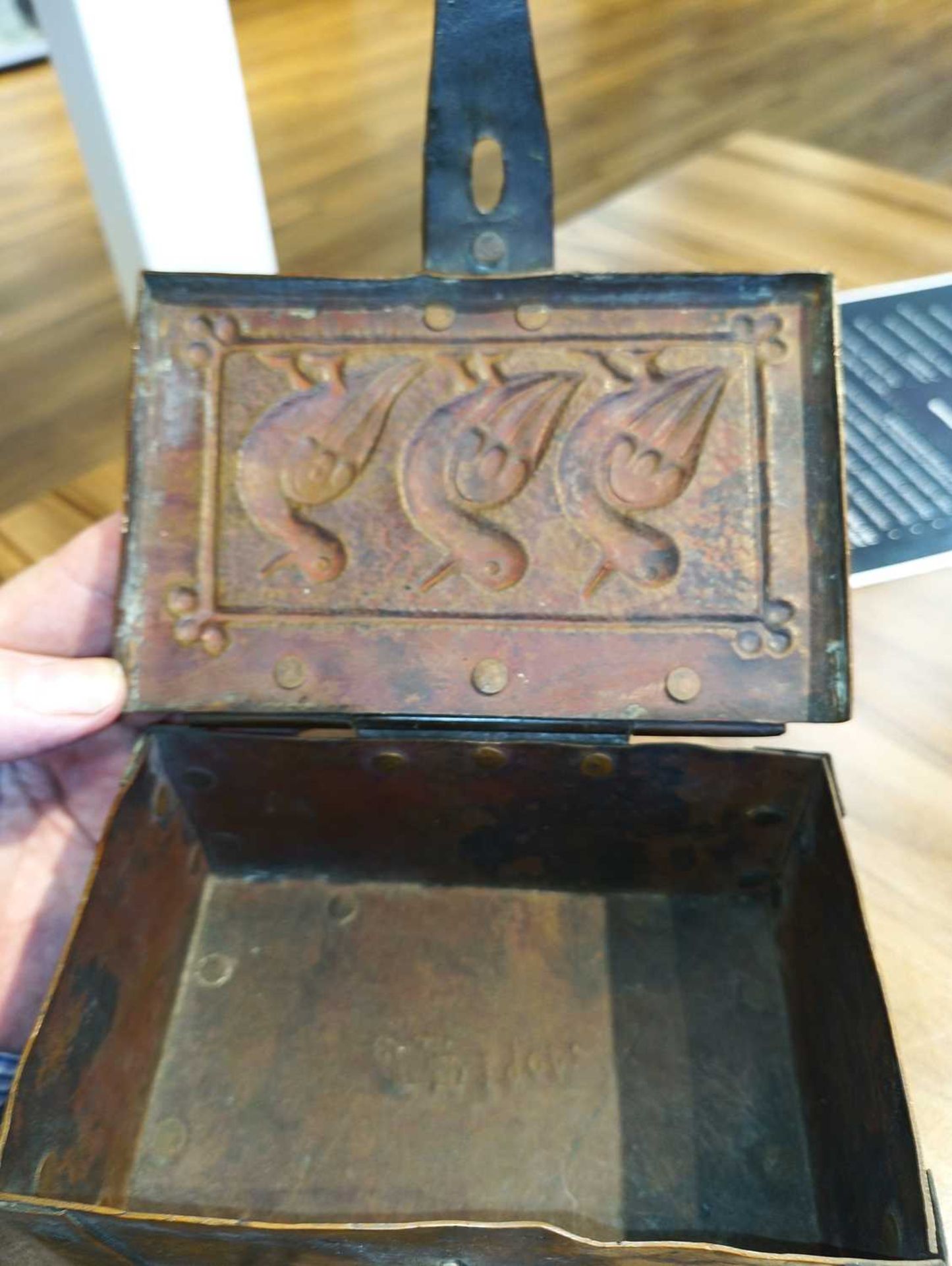 An Arts and Crafts Newlyn copper table box by John Pearson, of rectangular form on four feet, with - Image 10 of 16