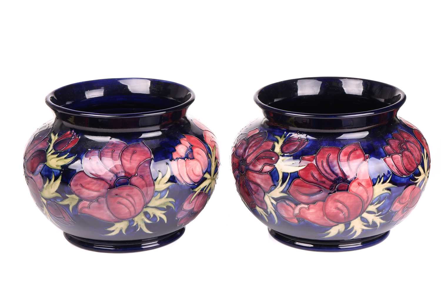 A pair of Walter Moorcroft large jardinieres, in the Anenome pattern, tube-lined decoration on a - Image 3 of 7