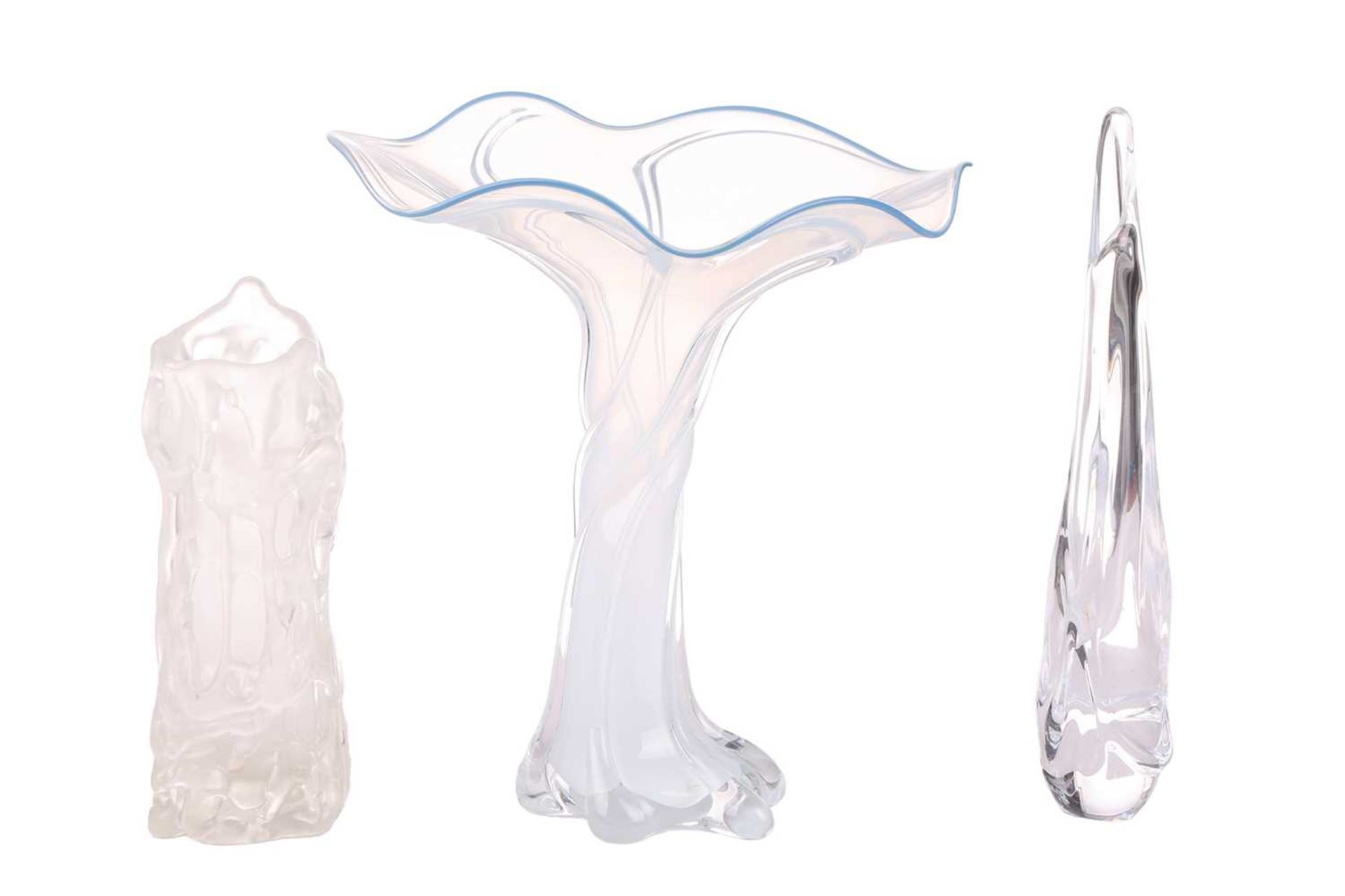 A large opalescent studio glass vase of flared-rim form, 31 cm high, together with two further - Image 2 of 3