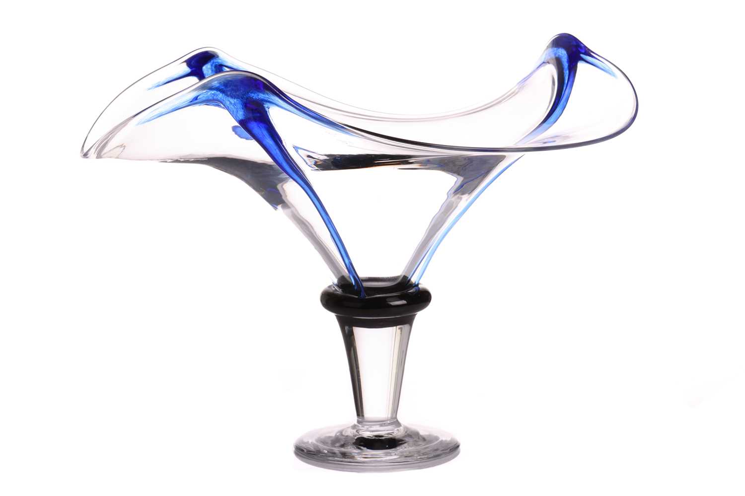 A Gillies Jones art glass bowl, of pedestal form with blue accents, etched marks to base, 21 cm high