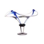 A Gillies Jones art glass bowl, of pedestal form with blue accents, etched marks to base, 21 cm high