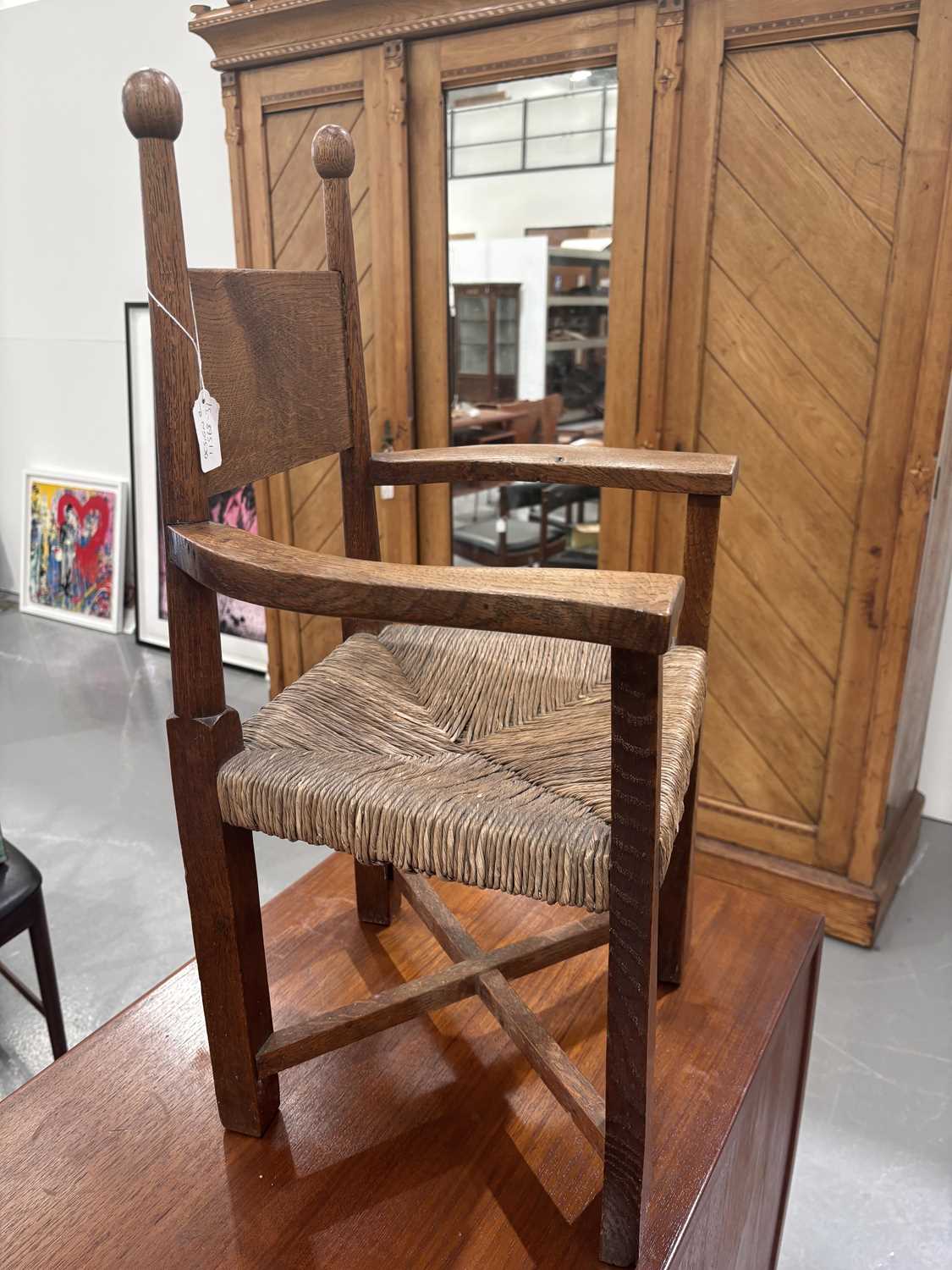 An Arts & Crafts oak rush-seated child's chair, probably designed by E.J. Punnett for William - Image 6 of 12