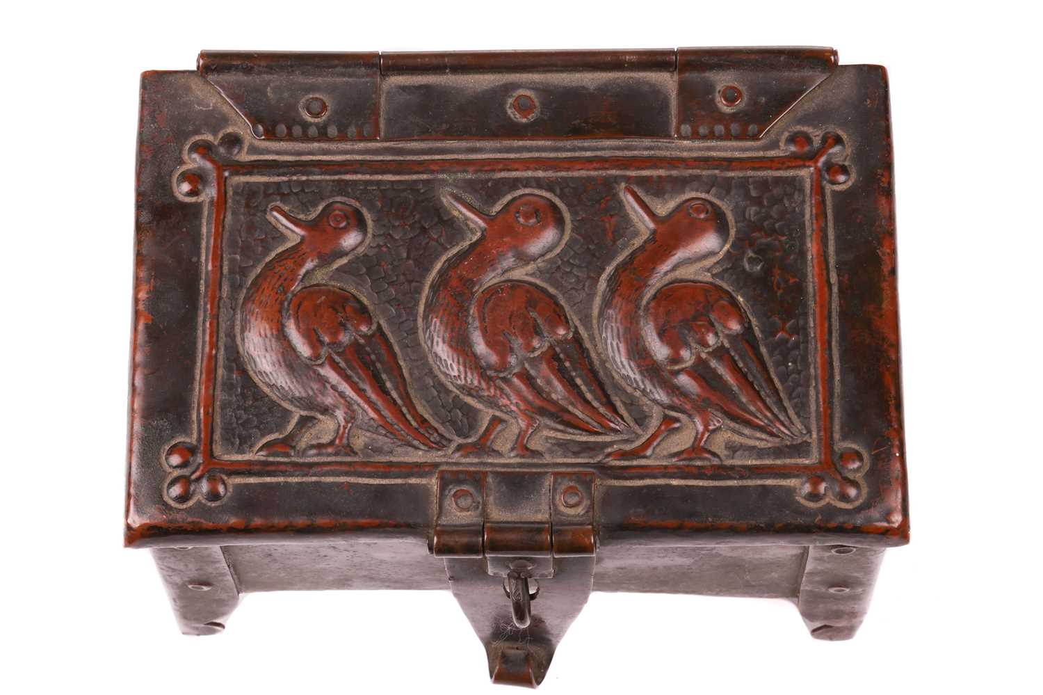 An Arts and Crafts Newlyn copper table box by John Pearson, of rectangular form on four feet, with - Image 4 of 16