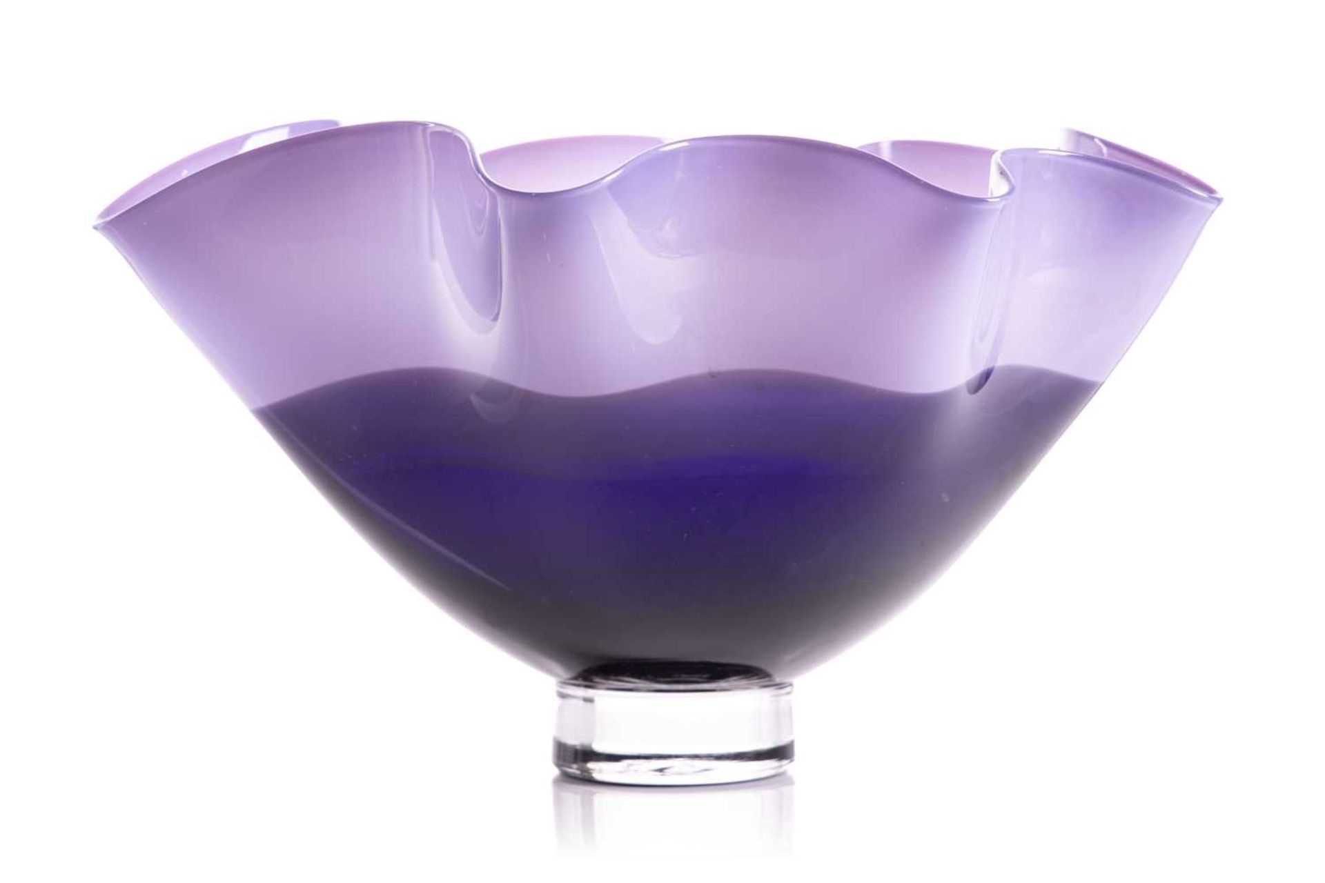 A Gillies Jones art glass bowl, of two-tone purple shaped form on a circular foot, etched