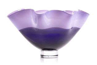 A Gillies Jones art glass bowl, of two-tone purple shaped form on a circular foot, etched