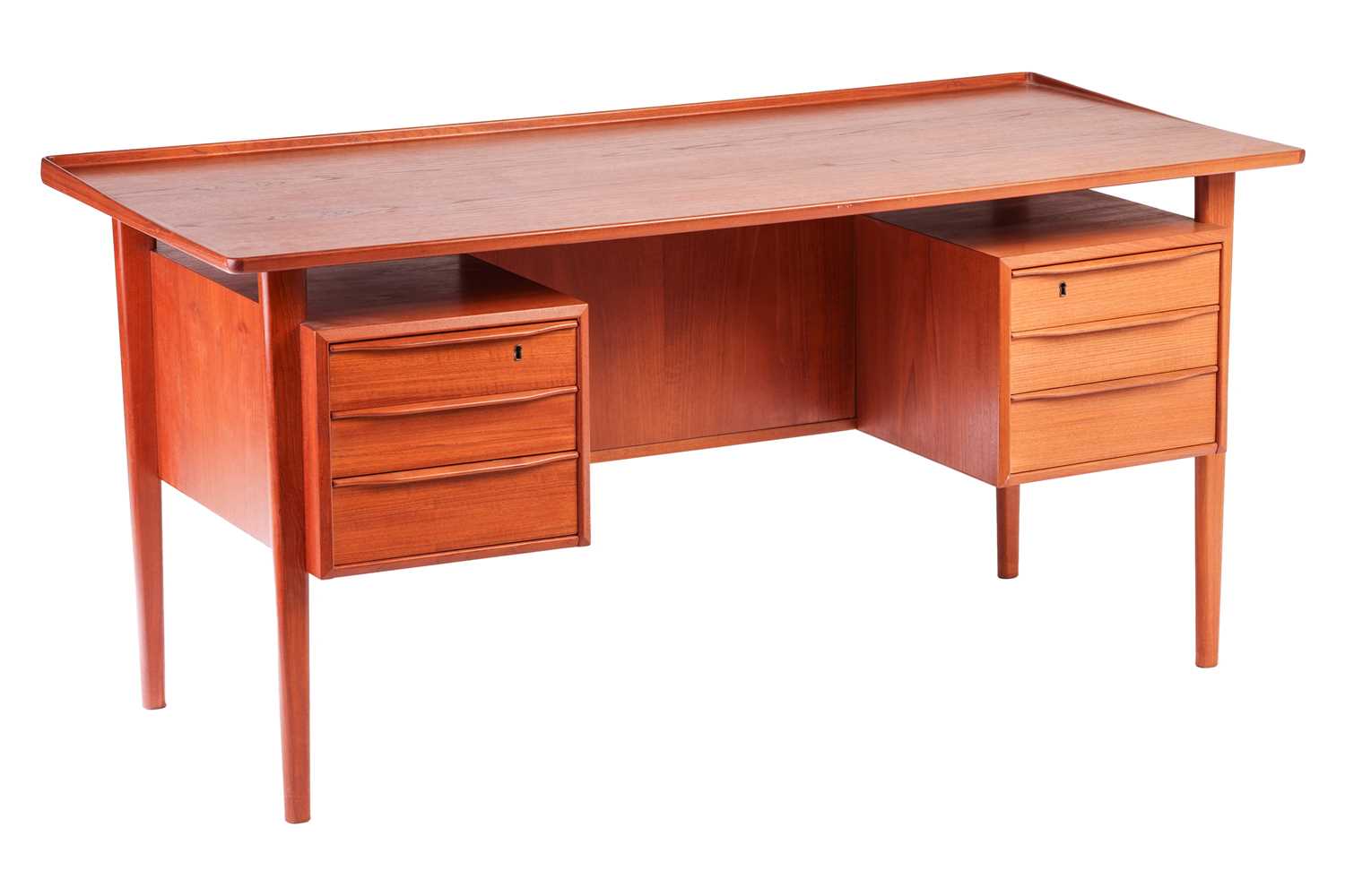 Probably Peter Lovig for Hedensted Mobelfabrik, a 'Mid Century Vintage' teakwood desk with three