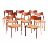 A set of eight Niels Moller Model 55 and Model 71 teak dining chairs with woven seagrass seats,