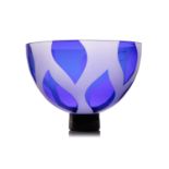 A Gillies Jones art glass bowl, with translucent blue leaf decoration on a circular foot, etched