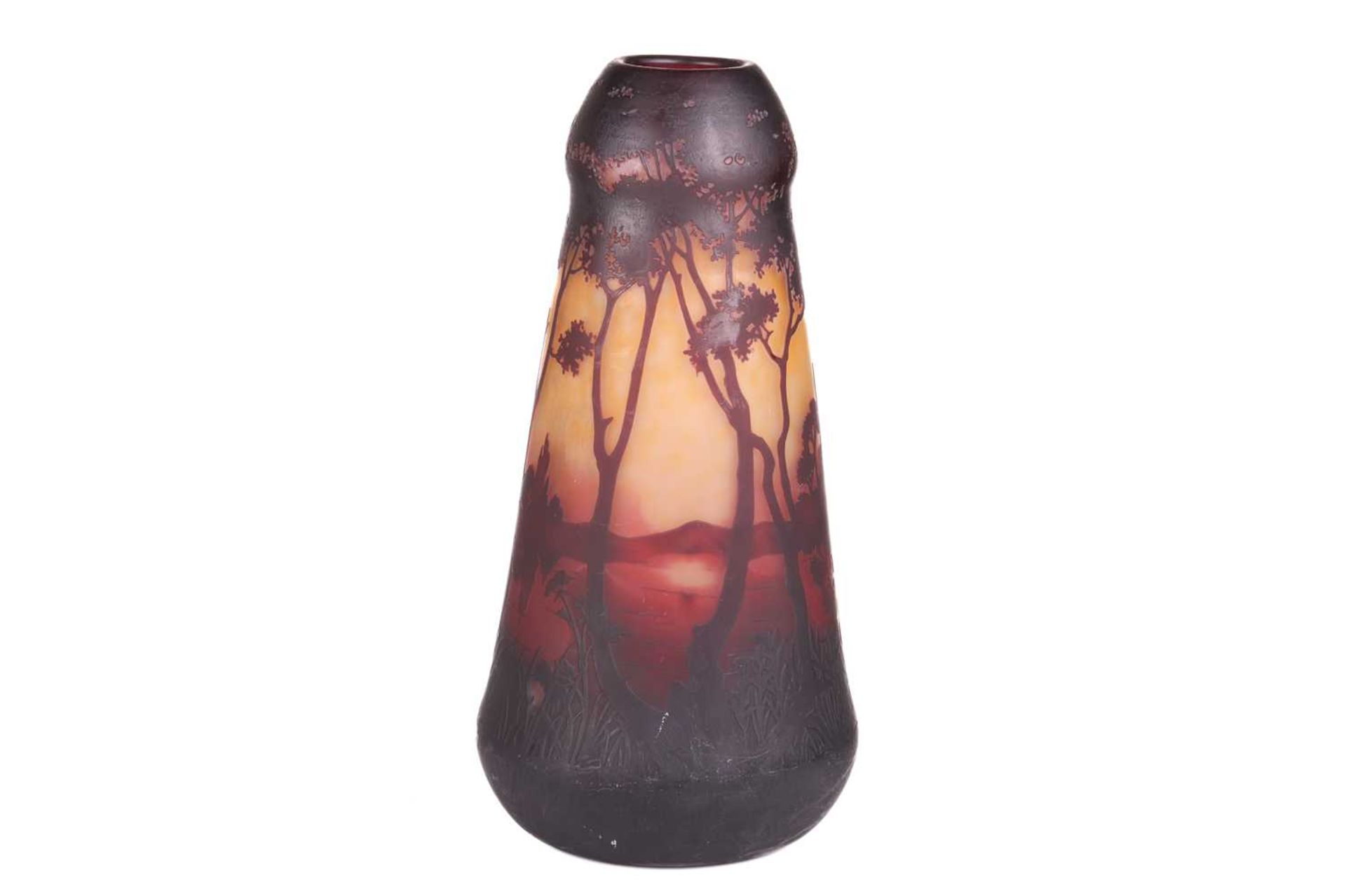 An early 20th Century cameo glass vase by Daum Nancy, of inverted tapering form with bulbous collar,