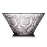 A Lalique frosted and clear 'Chardon' bowl, mid 20th century, the flared circular body engraved to