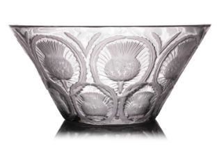 A Lalique frosted and clear 'Chardon' bowl, mid 20th century, the flared circular body engraved to