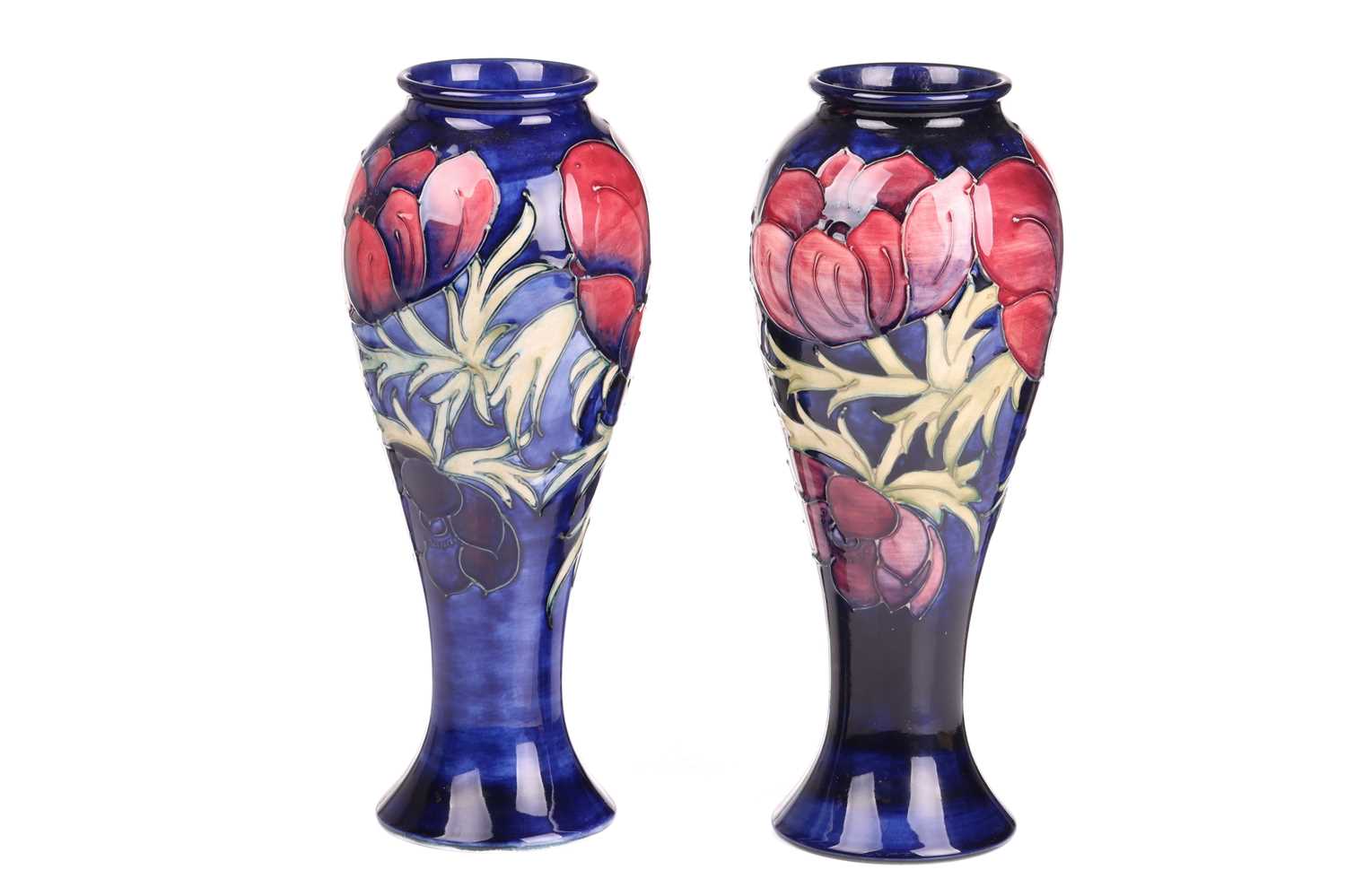 A near pair of Walter Moorcroft tall vases, in the Anenome pattern, tube-lined decoration on a - Image 2 of 6