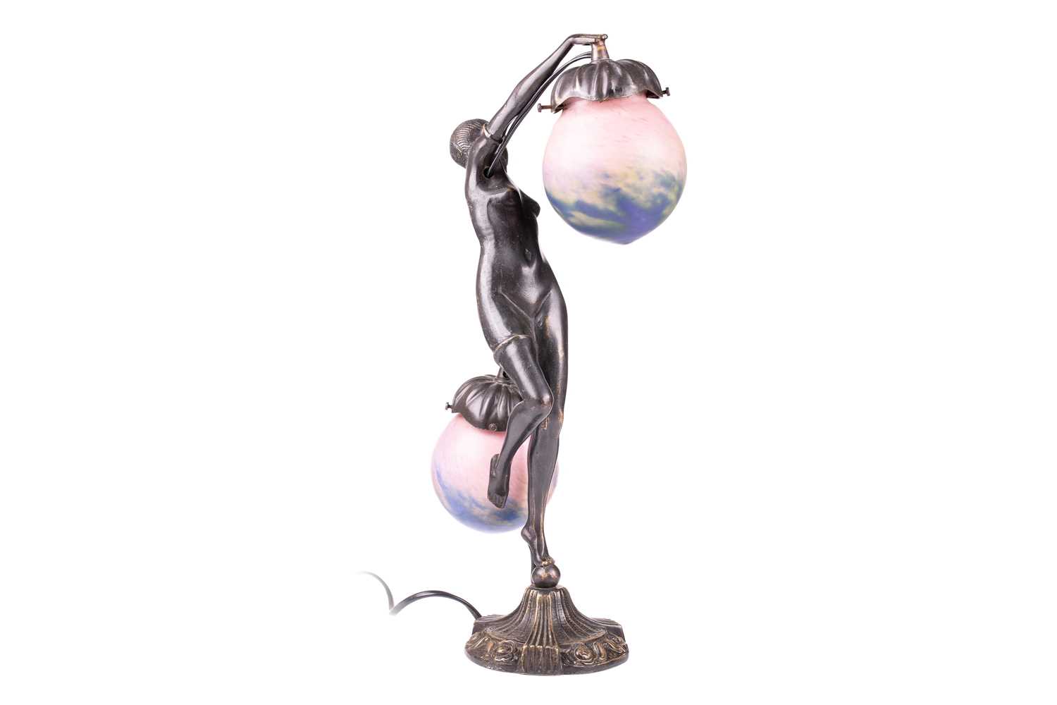 An Art Deco-style Parisian bronze figural lamp, formed as a semi-clad female dancer with twin - Image 3 of 4