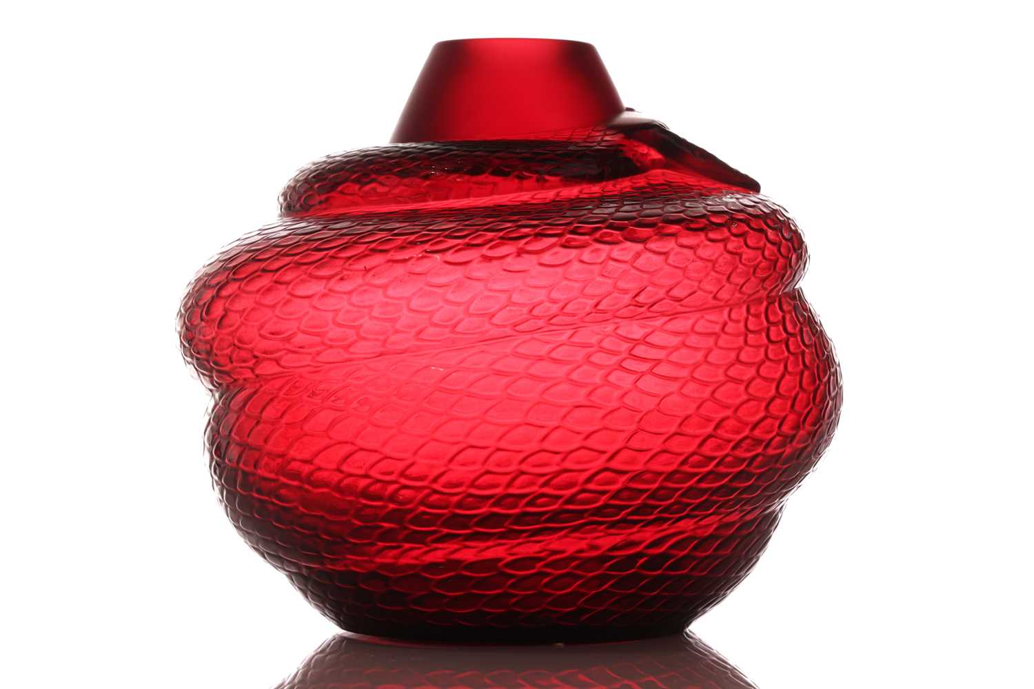 A Lalique 'Serpent' large cylindrical vase, after the original 1924 design, in red crystal glass,