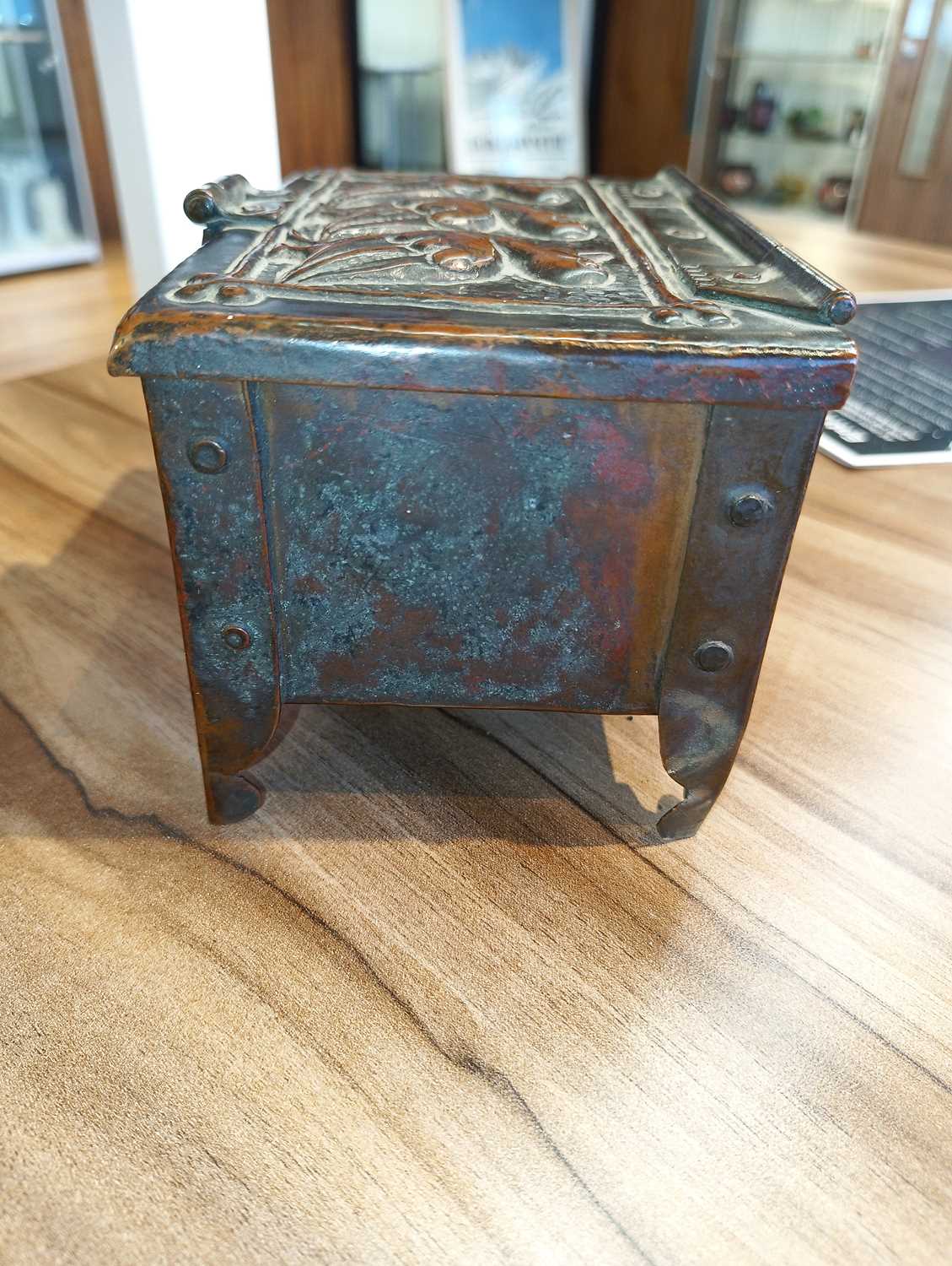 An Arts and Crafts Newlyn copper table box by John Pearson, of rectangular form on four feet, with - Image 13 of 16