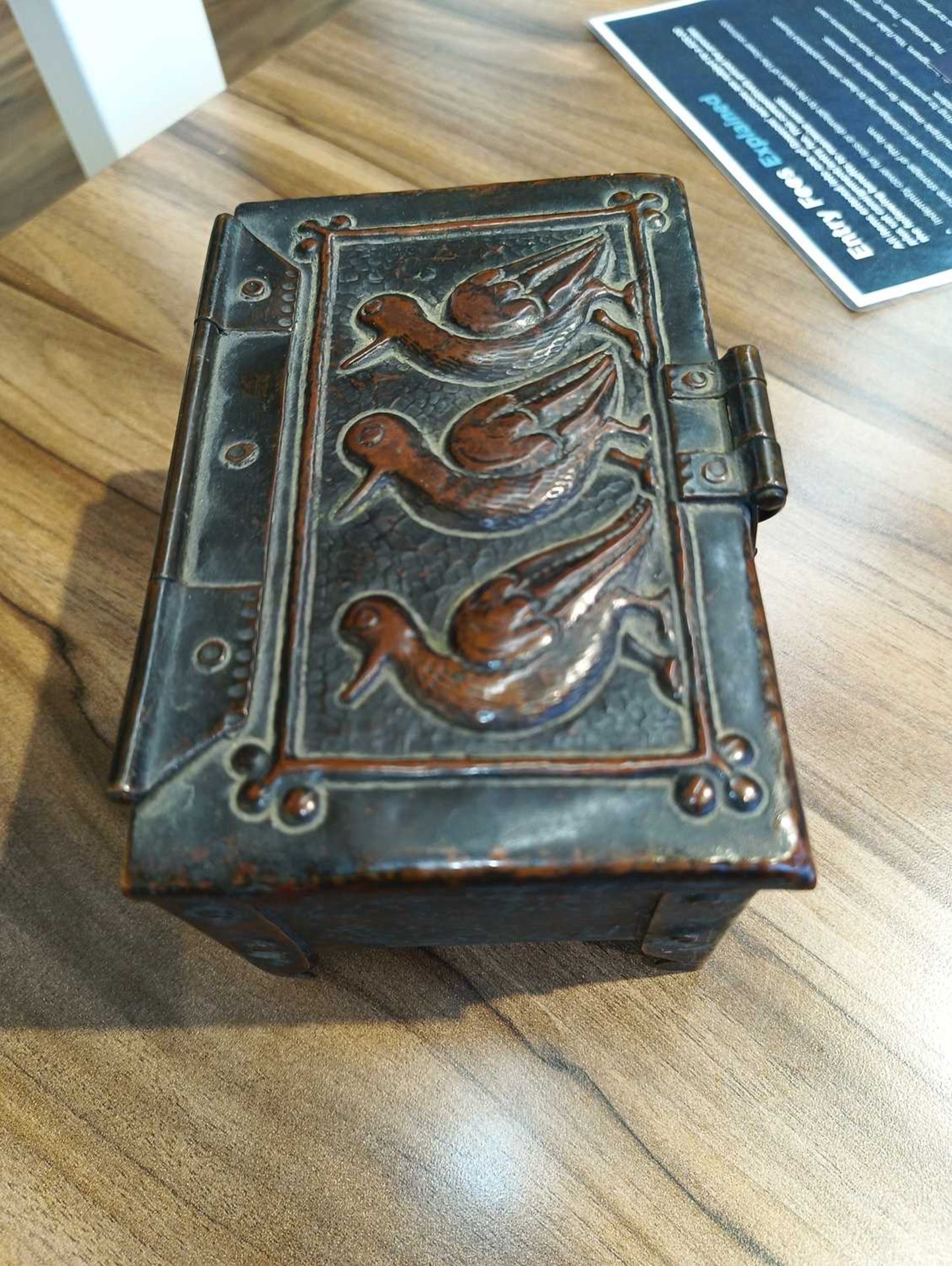 An Arts and Crafts Newlyn copper table box by John Pearson, of rectangular form on four feet, with - Image 15 of 16