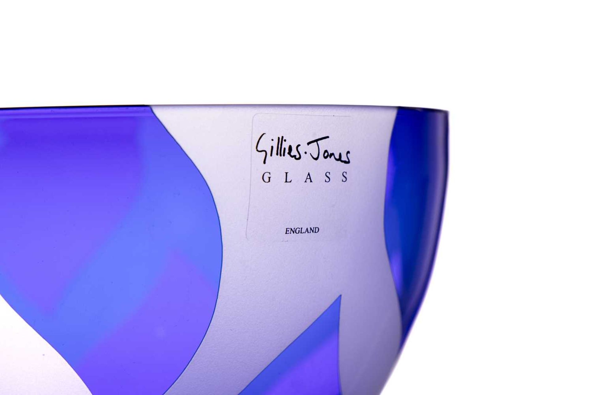 A Gillies Jones art glass bowl, with translucent blue leaf decoration on a circular foot, etched - Image 6 of 6