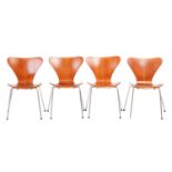 Arne Jacobsen for Fritz Hansen, set of four Sjuan chairs with laminated teak shell and chrome