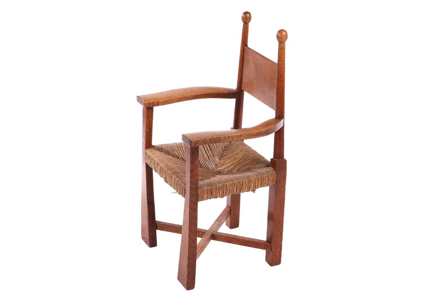 An Arts & Crafts oak rush-seated child's chair, probably designed by E.J. Punnett for William - Image 2 of 12