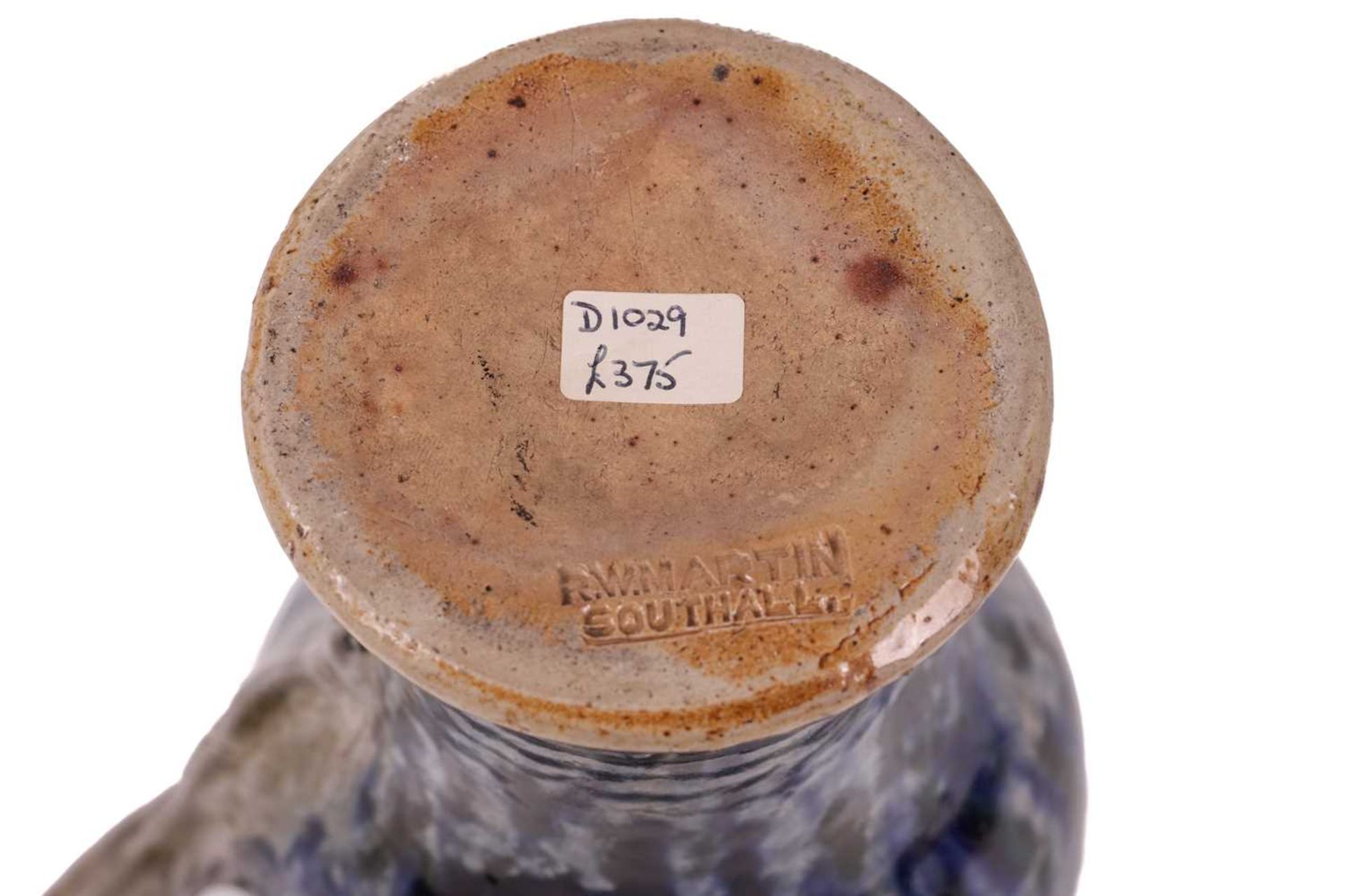 A late 19th century Martin Brothers stoneware jug, of bellied form with mottled blue glaze on a - Image 6 of 12