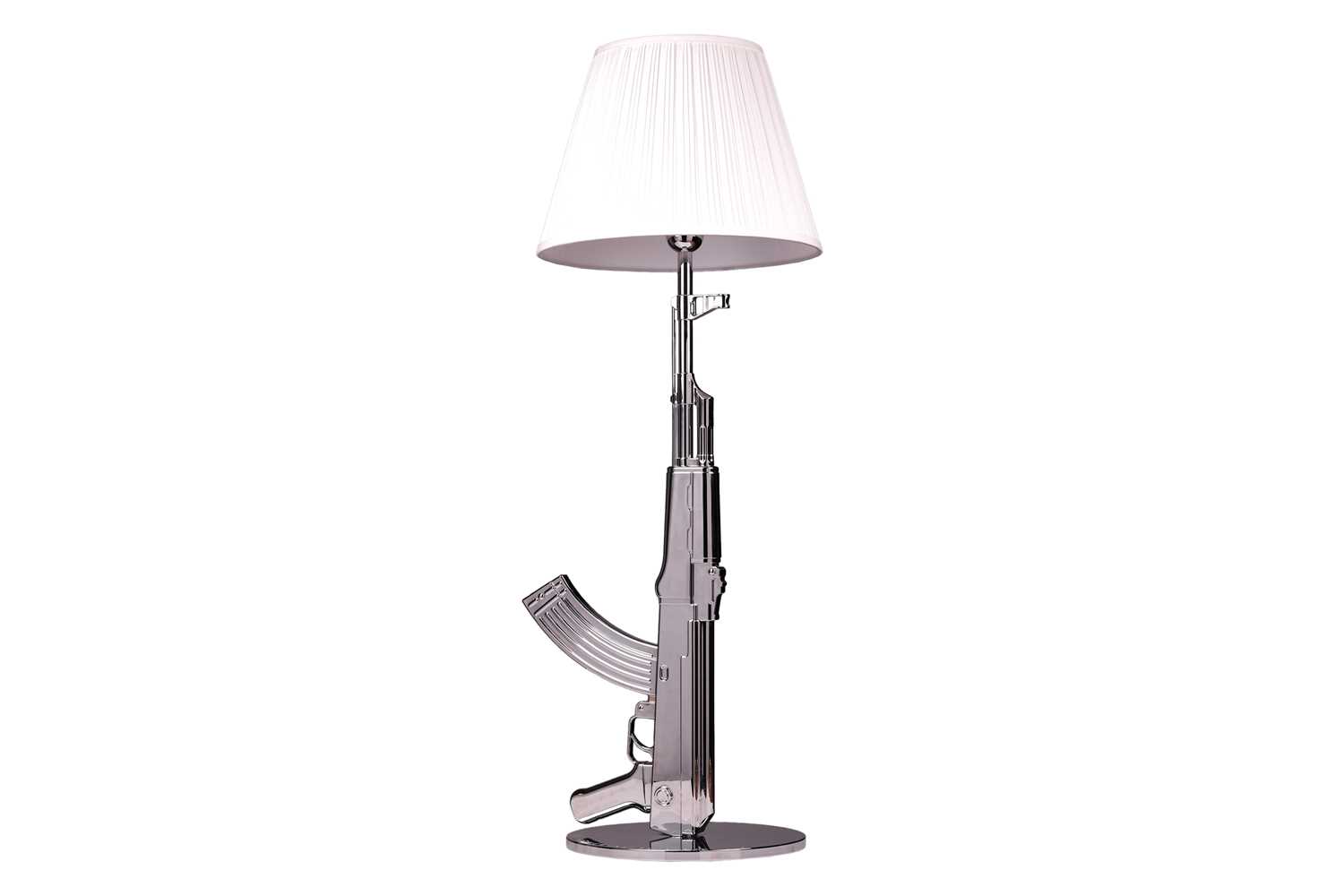 Philippe Starck for Flos, a large chrome metal table lamp modelled as an AK47, the circular base